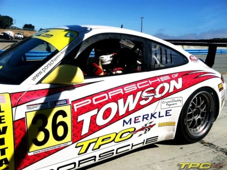 TPC Racing Porsche GT3 Cup Car in paddock at Laguna Seca, 2013